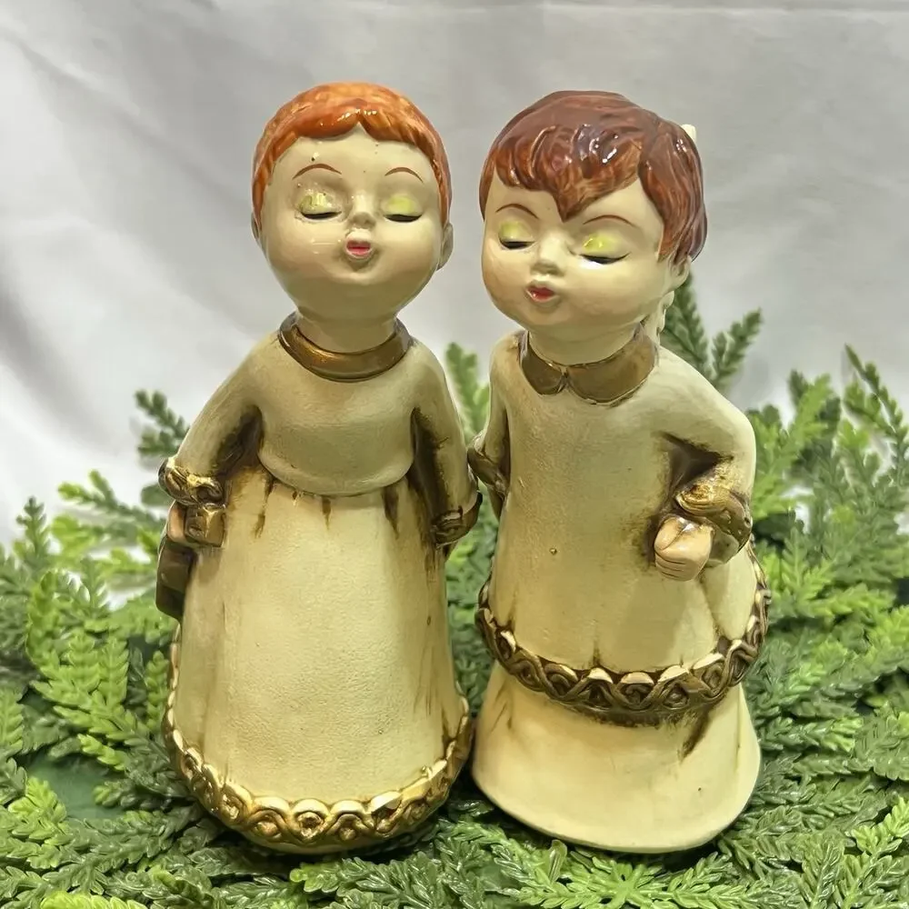 Vintage Mid Century Kissing Angels Choir Musicians Violin Christmas Set of 2